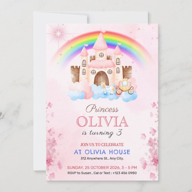 Convites Rainbow Princess Castle Birthday Party Invitation (Frente)