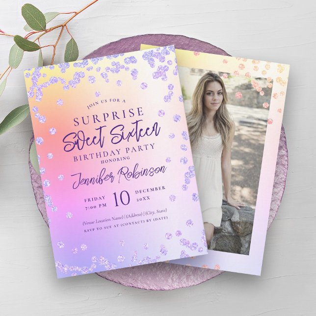 Convites Rainbow Purple Glitter Foto SURPRISE Sweet 16 (Rainbow Purple Glitter Photo SURPRISE Sweet 16 Invitation)