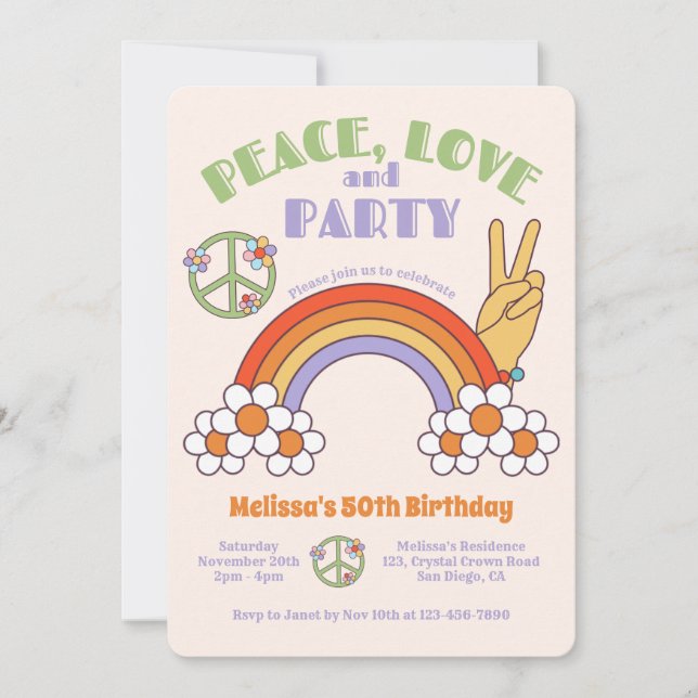 Convites Rainbow Retro Hippie Peace & Love Aniversário (Frente)