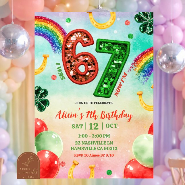 Convites Rainbow Sequin Glitter 67 St Patrick Birthday (Criador carregado)