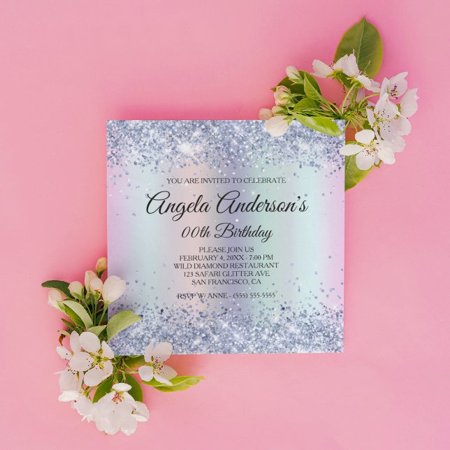 Convites Rainbow Shimmer Holo Glitter Leopard Aniversário (Create your own milestone birthday invitation for her.)