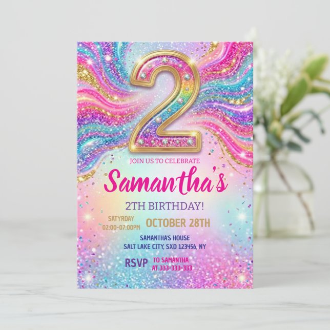 Convites Rainbow Sparkle Glitter 2th Birthday Party (Em pé/Frente)