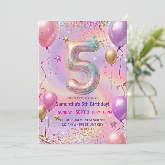 Convites Rainbow Sparkle Glitter 5th Birthday Party (Em pé/Frente)