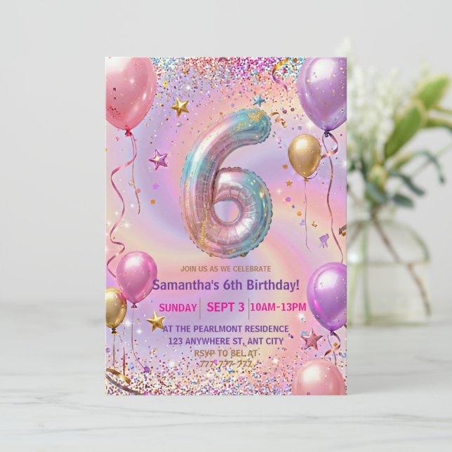 Convites Rainbow Sparkle Glitter 6th Birthday Party (Em pé/Frente)