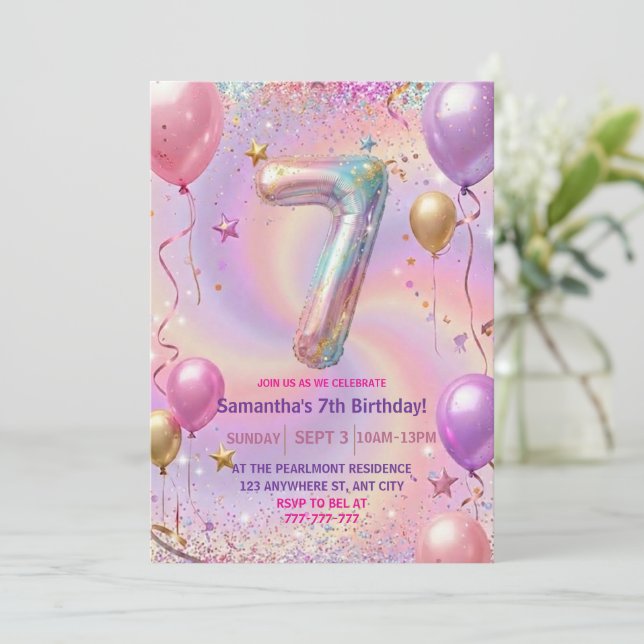 Convites Rainbow Sparkle Glitter 7th Birthday Party (Em pé/Frente)