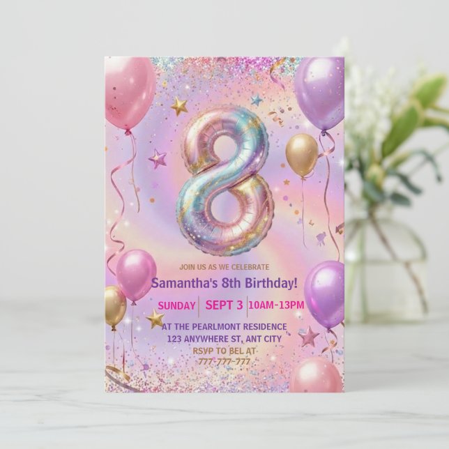 Convites Rainbow Sparkle Glitter 8th Birthday Party (Em pé/Frente)