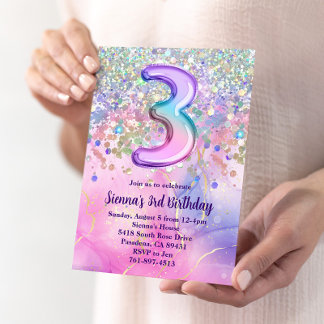 Convites Rainbow Sparkle Glitter aniversário de 3 anos