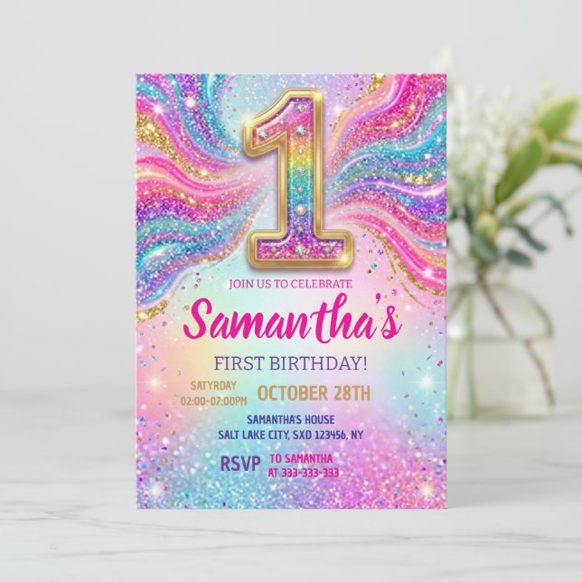 Convites Rainbow Sparkle Glitter First Birthday Party (Em pé/Frente)