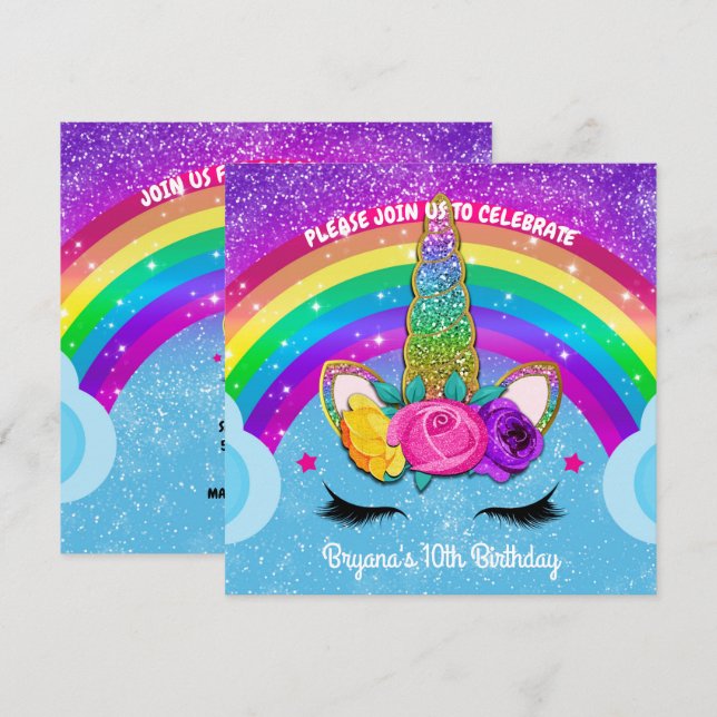 Convites Rainbow Sparkle Glittery Unicorn Horn Face Party (Frente/Verso)