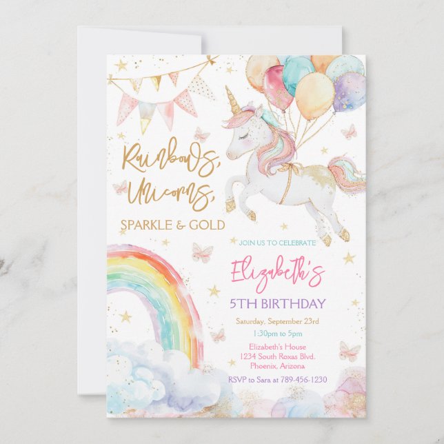 Convites Rainbow Sparkle Unicorn Birthday Invitation (Frente)