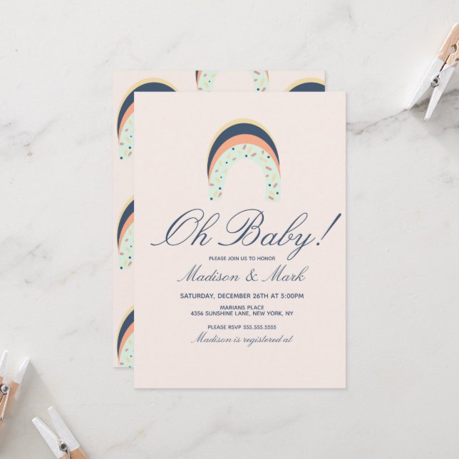 Convites Rainbow Sprinkles Brusca Traço Chá de fraldas Rosa (Frente/Verso In Situ)
