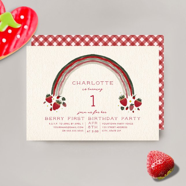 Convites Rainbow Strawberry Berry Gingham Primeiro Aniversá (Criador carregado)