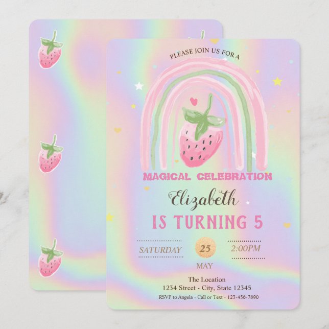 Convites Rainbow Strawberry Holographic Aniversário (Frente/Verso)