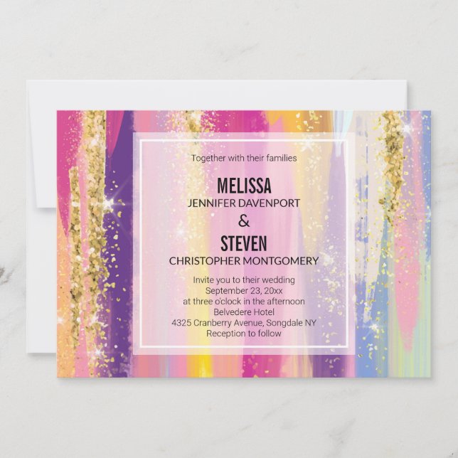 Convites Rainbow Stripes com Casamento Glitter Dourado Faux (Frente)