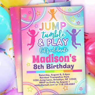 Convites Rainbow Trampoline Park Girls Saltam Aniversário
