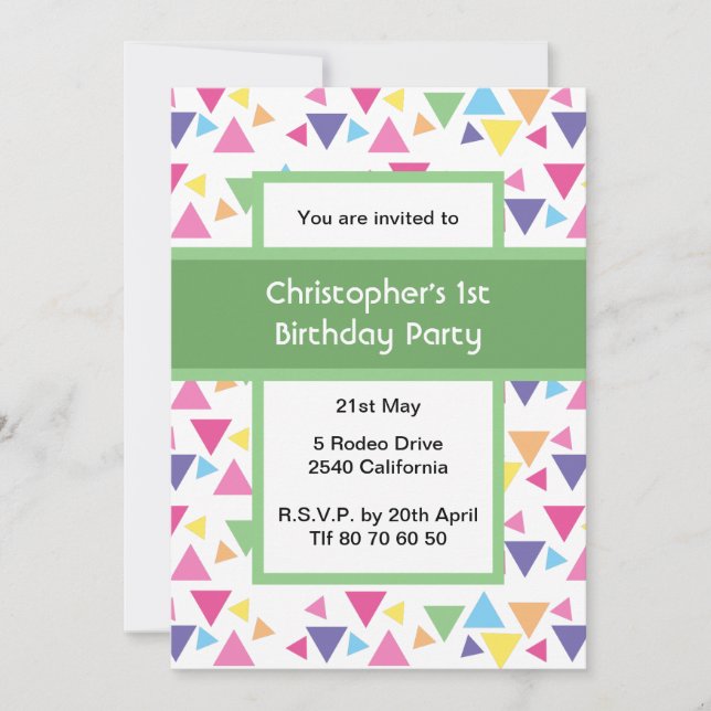 Convites Rainbow Triangles 1st Birthday Green Party (Frente)