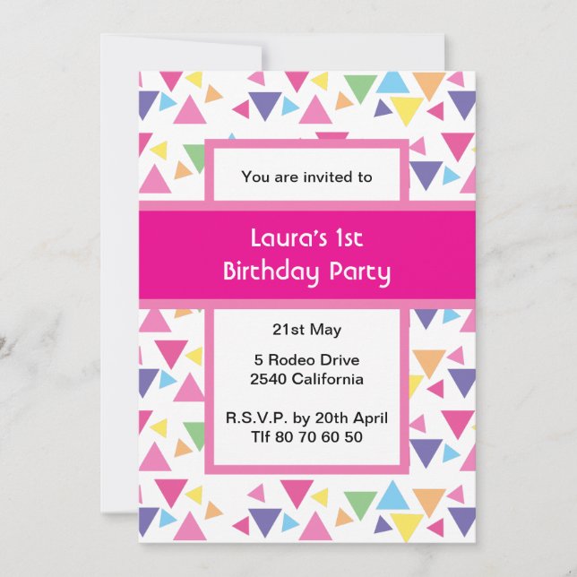 Convites Rainbow Triangles 1st Birthday Party Pink (Frente)