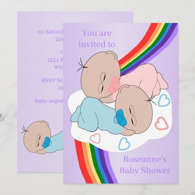 Convites Rainbow Twin Baby Girl And Boy Chá de fraldas (Frente/Verso)