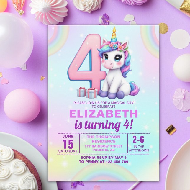 Convites Rainbow Unicorn 4th Birthday for Girls” (Criador carregado)