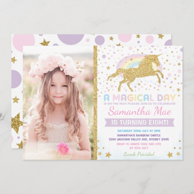 Convites Rainbow Unicorn Aniversário Invitation Stars Confe (Frente/Verso)
