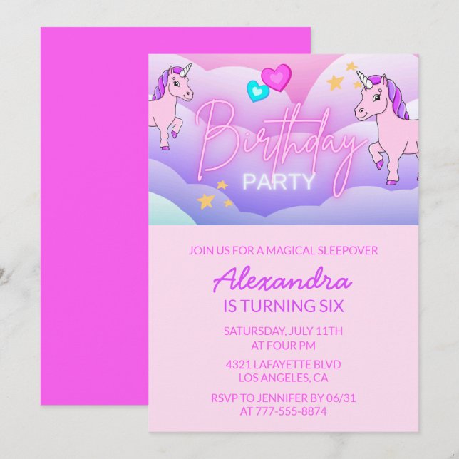 Convites Rainbow Unicorn Aniversário Invoca 6 (Frente/Verso)