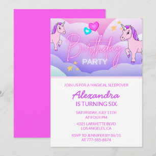 Convites Rainbow Unicorn Aniversário Invoca 6 rosa