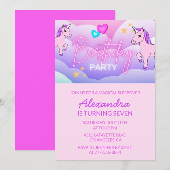 Convites Rainbow Unicorn Aniversário Invoca 7 (Frente/Verso)