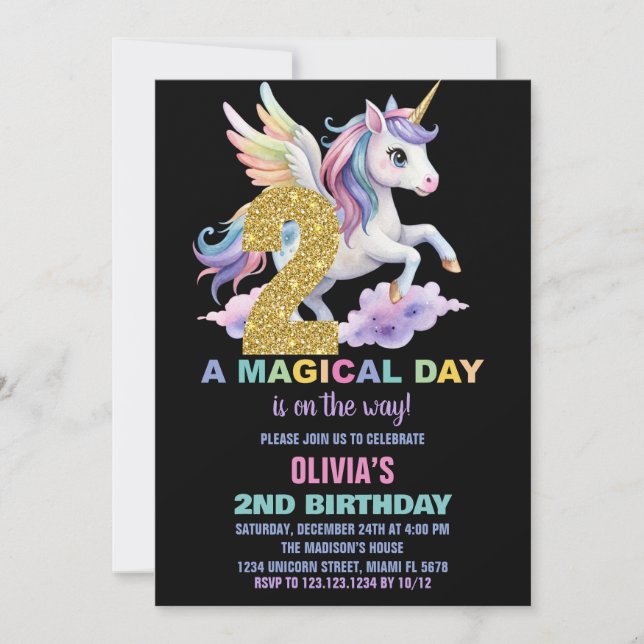 Convites Rainbow Unicorn Aniversário Voa (Frente)