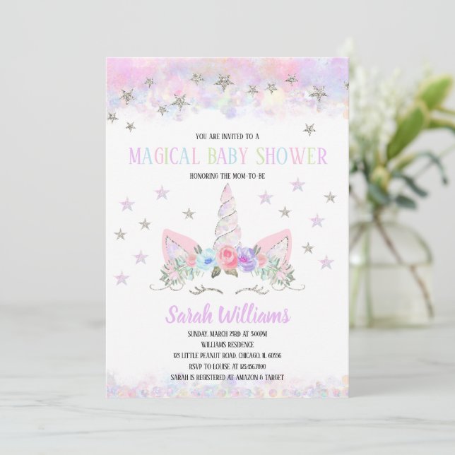 Convites Rainbow Unicorn Baby Shower Invitation (Em pé/Frente)
