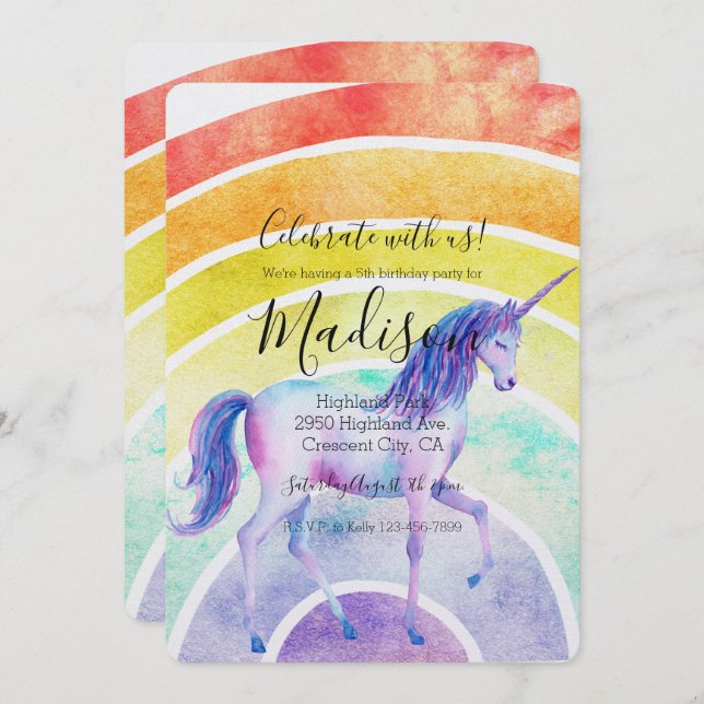 Convites Rainbow Unicorn Birthday (Frente/Verso)