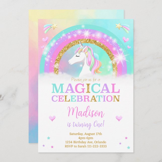 Convites Rainbow Unicorn Birthday Invite (Frente/Verso)