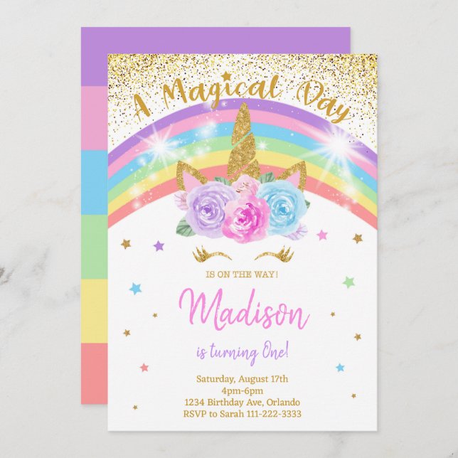 Convites Rainbow Unicorn Birthday Invite (Frente/Verso)