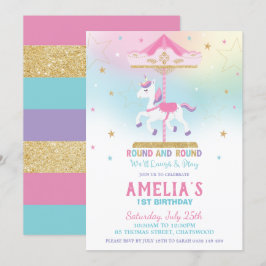 Convites Rainbow Unicorn Carousel primeiro aniversario Girl