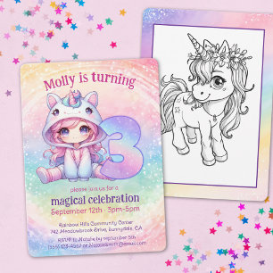 Convites Rainbow Unicorn chibi girl aniversário de 3 anos