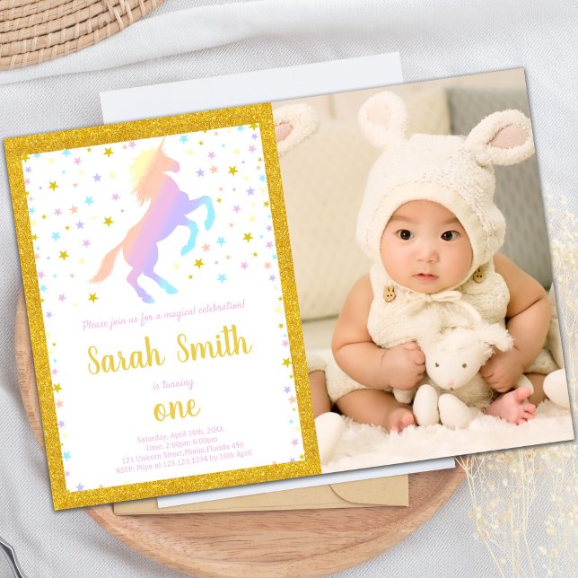 Convites Rainbow Unicorn convoca com foto (Rainbow Unicorn Invitations with photo)