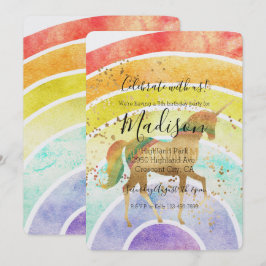 Convites Rainbow Unicorn Dream Confetti Dourado Aniversário