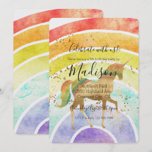 Convites Rainbow Unicorn Dream Confetti Dourado Aniversário