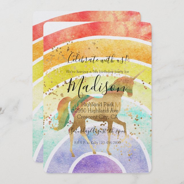 Convites Rainbow Unicorn Dream Confetti Dourado Aniversário (Frente/Verso)