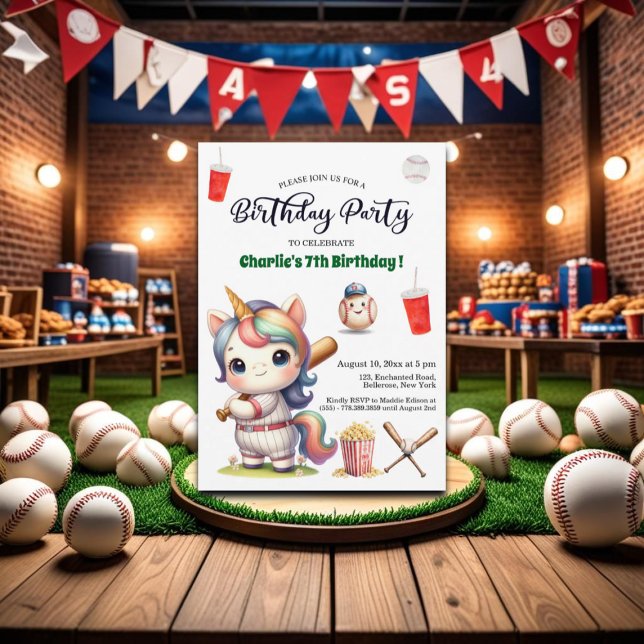Convites Rainbow Unicorn jogando Baseball 7 Birthday (Criador carregado)