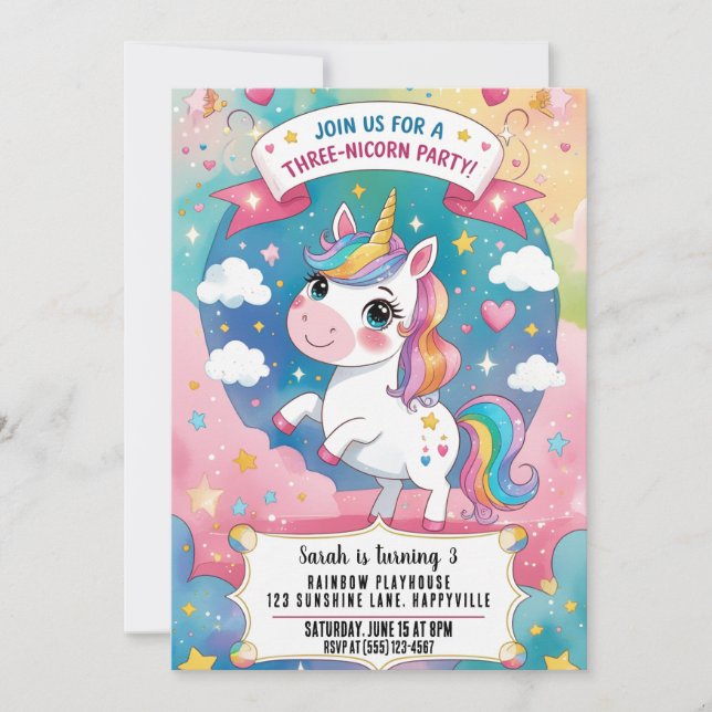 Convites Rainbow Unicorn Magical aniversário de 3 anos Unic (Frente)
