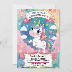 Convites Rainbow Unicorn Magical aniversário de 3 anos Unic