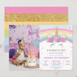 Convites Rainbow Unicorn Party Girl with Photo
