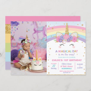 Convites Rainbow Unicorn Party Girl with Photo
