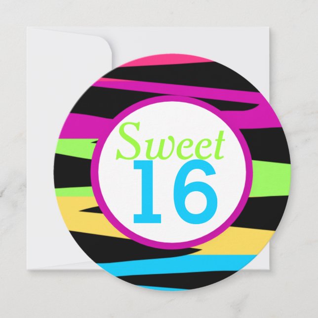 Convites Rainbow Zebra Stripes Doce Dezesseis Festas de ani (Frente)
