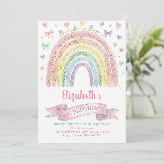 Convites Rainbows and Hearts First Birthday Invite Pastel (Em pé/Frente)