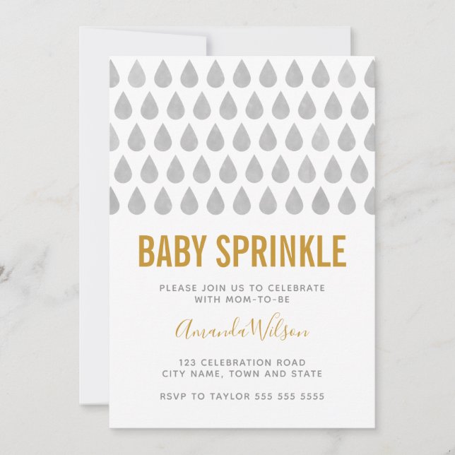 Convites Raindrop Yellow Cinza Watercolor Baby Sprinkle (Frente)