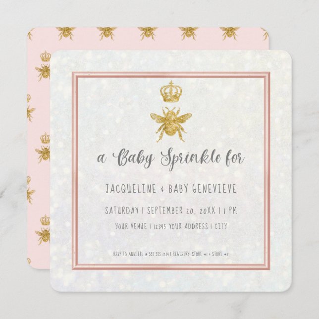 Convites Rainha Abelha Coroa Dourada Cinza Rosa Elegante (Frente/Verso)
