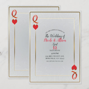 Convites Rainha de Copas em Ouro Branco e Vermelho Elegante