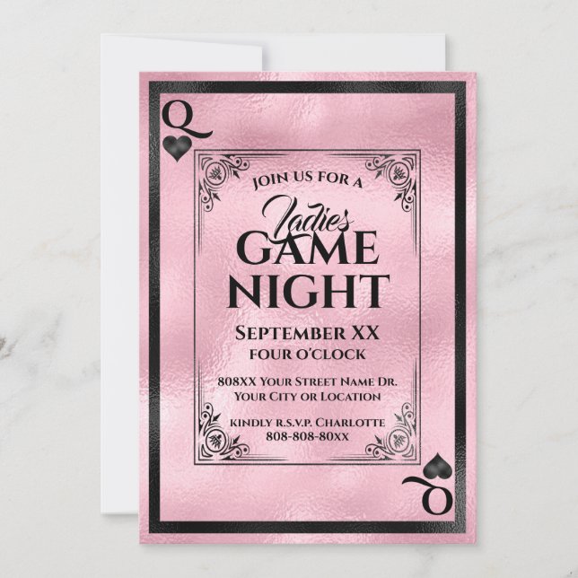 Convites Rainha de Copas Rosa Noite de Jogos para Senhoras (Frente)