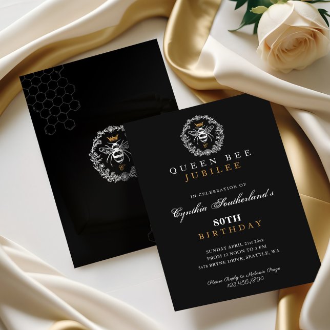 Convites Rainha Elegante Jubilee Black & Dourado Birthday (Elegant Queen Bee Jubilee Black & Gold Birthday Invitation)